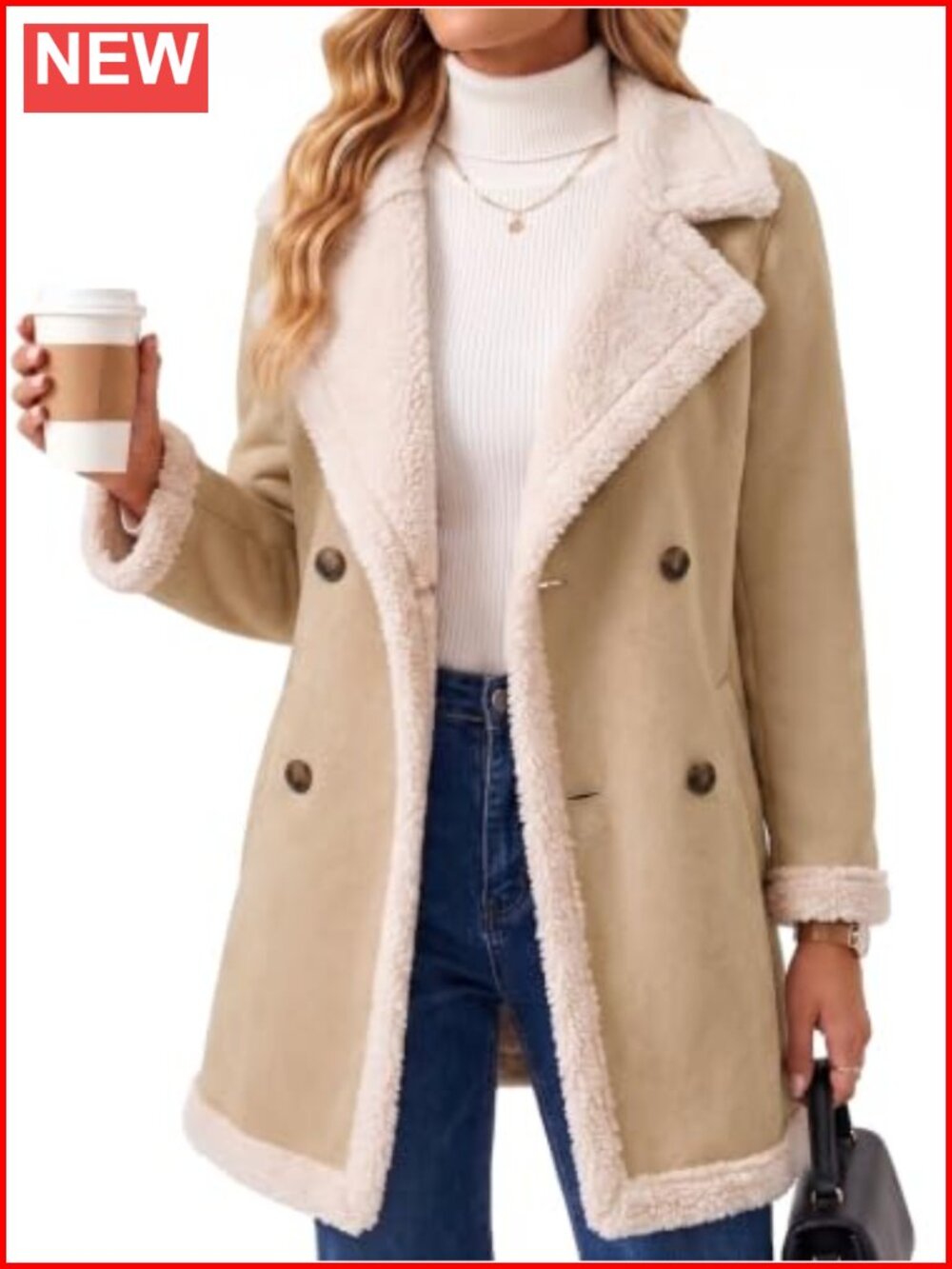 Faux Suede Women's Long Double-Breasted Fleece Lined Jacket with Shearling